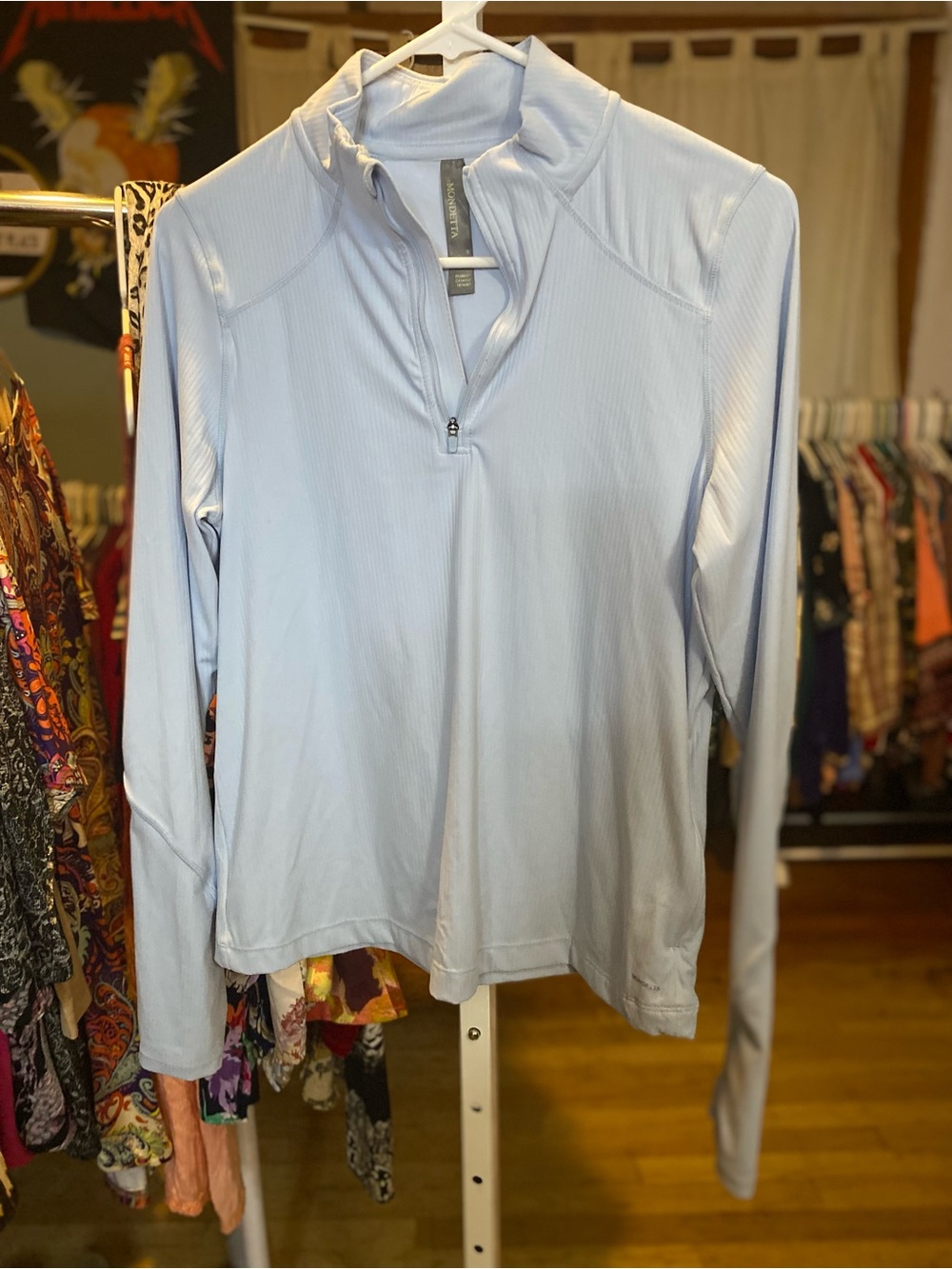 Mondetta Womenโs Light blue Long Sleeve Ribbed Quarter Zip with thumb holes